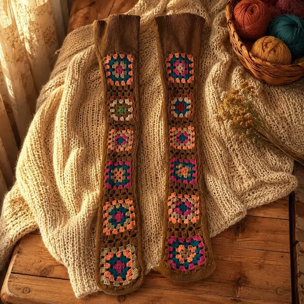 Granny Square Knit Socks Thigh-High Length Cozy Retro Style